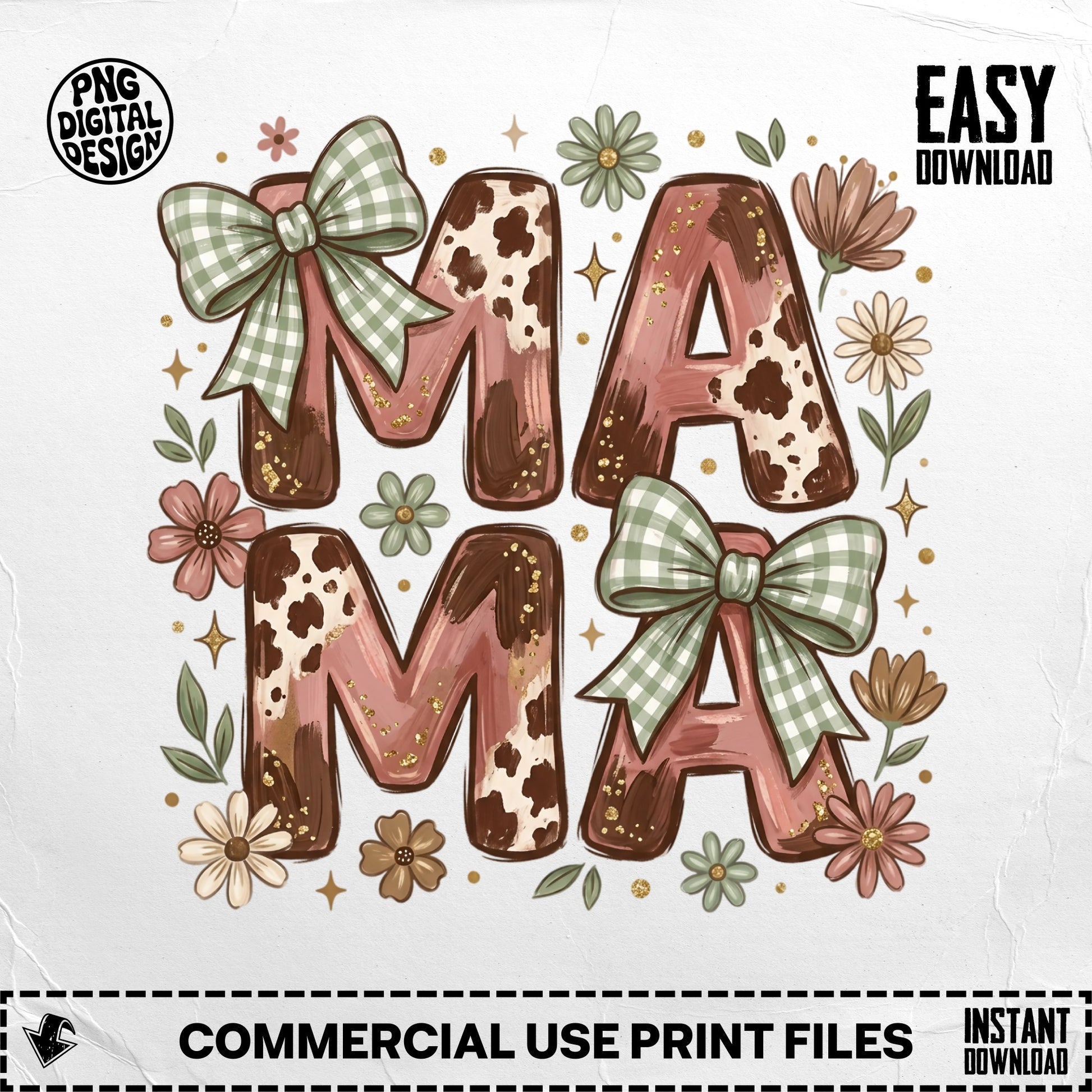 Mama with cow print, bows, and floral accents.