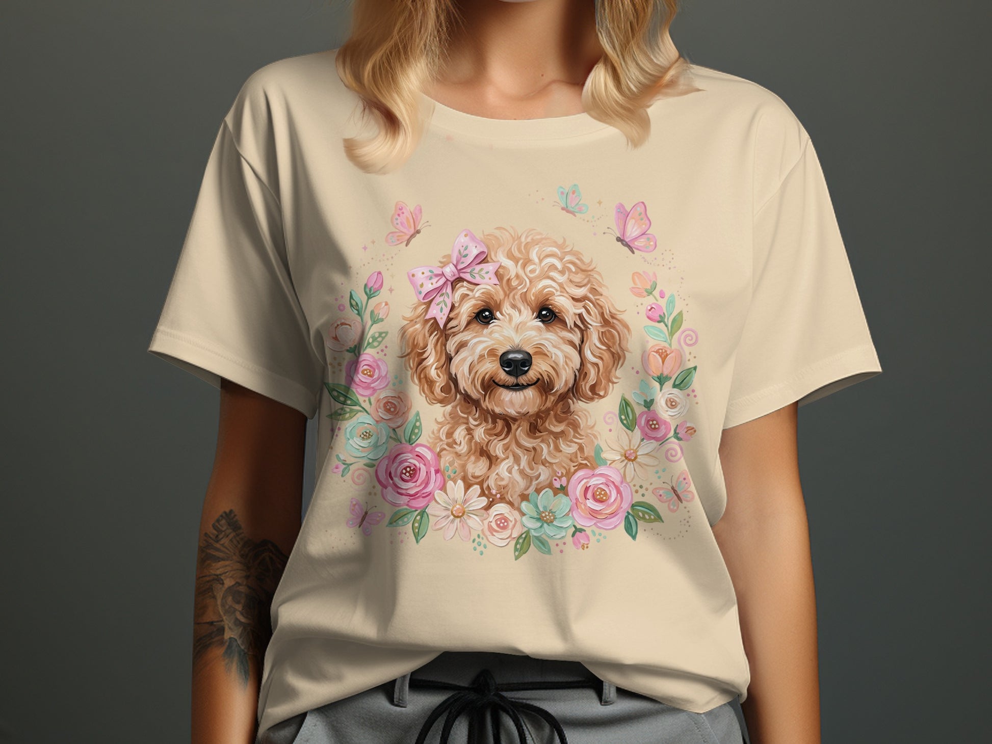 Cream t-shirt featuring a whimsical doodle dog surrounded by flowers and butterflies.