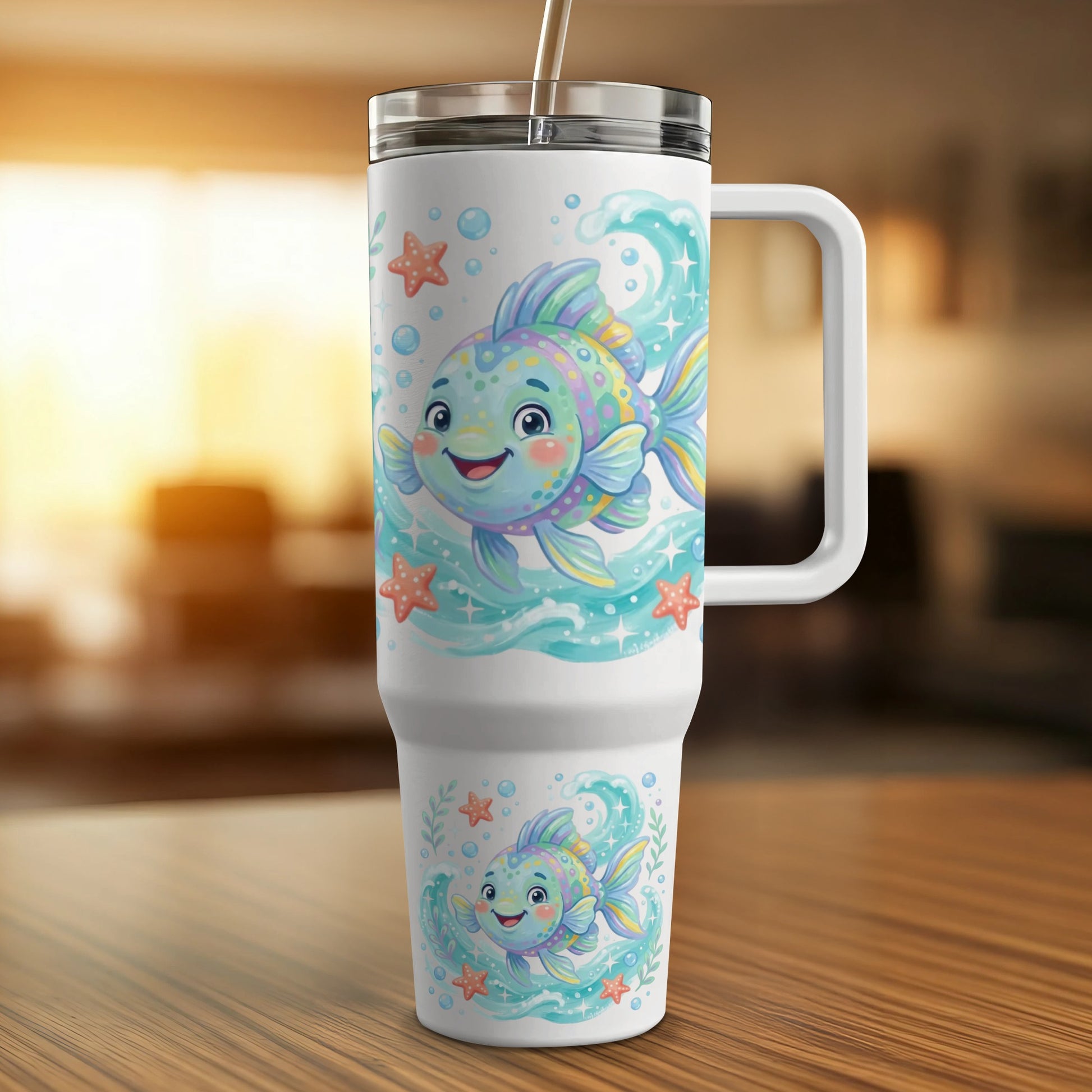White tumbler with cartoon fish, stars, and water splashes design.