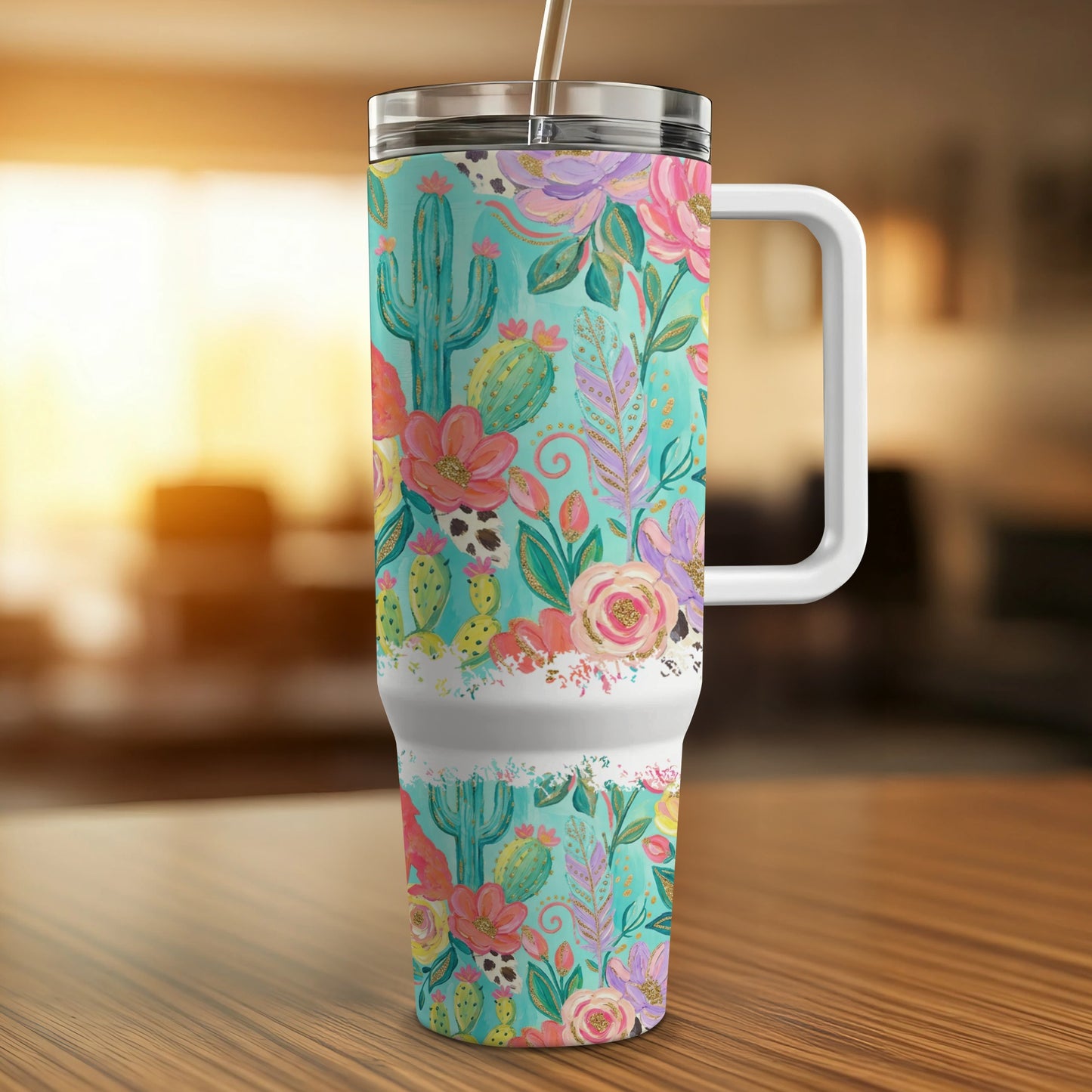 Teal tumbler with cacti, flowers, and feathers pattern.