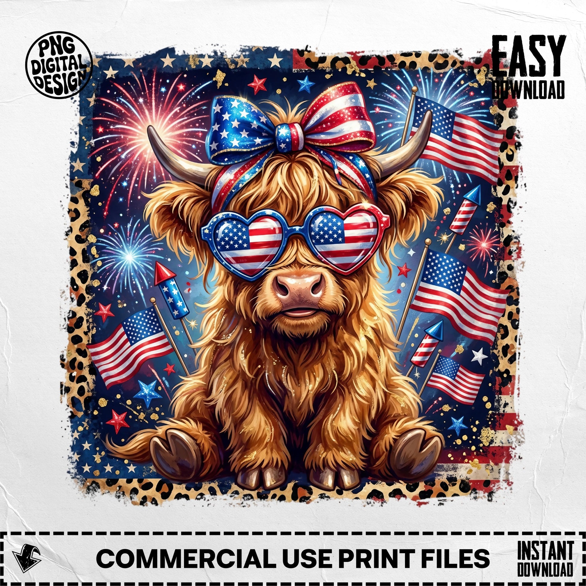 Highland cow with patriotic sunglasses and bow, fireworks, and American flags.