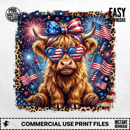 Highland cow with patriotic sunglasses and bow, fireworks, and American flags.