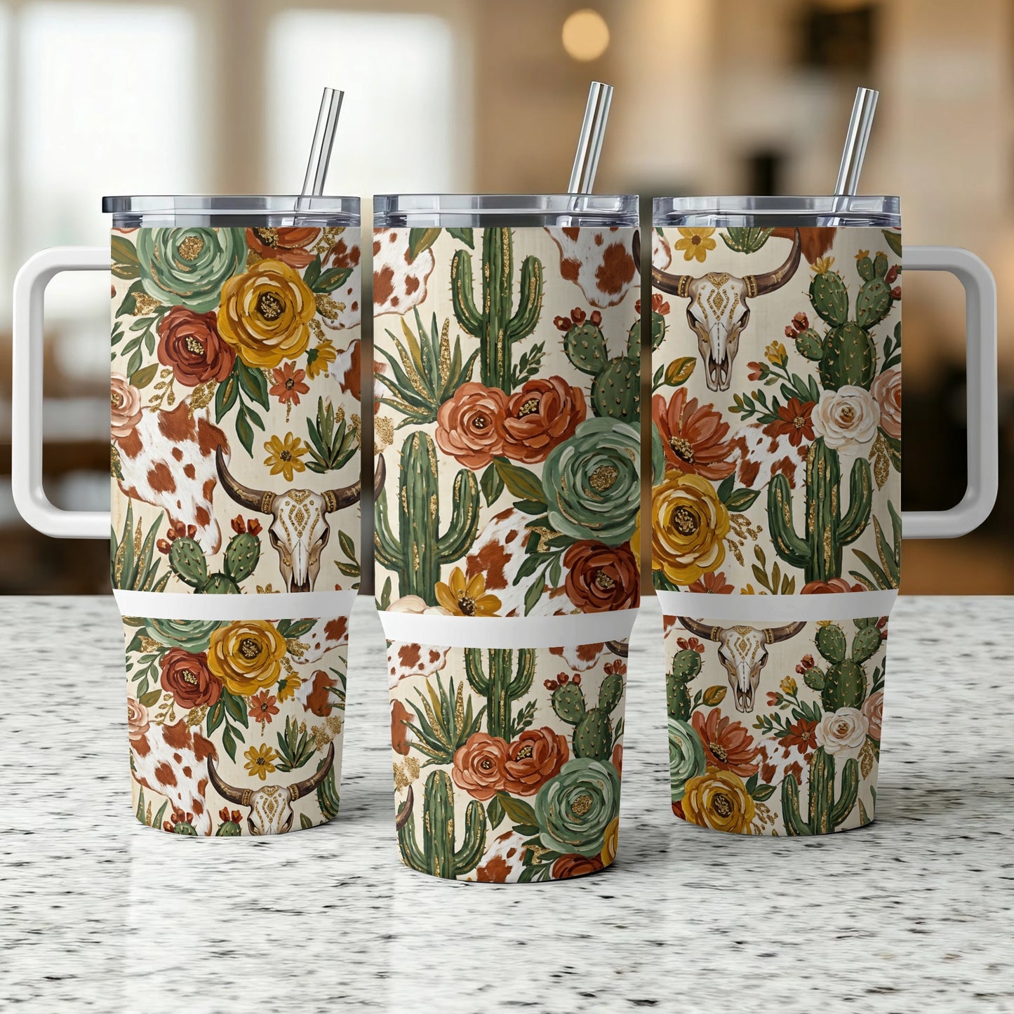 Three tumblers with floral, cactus, and cowhide patterns.