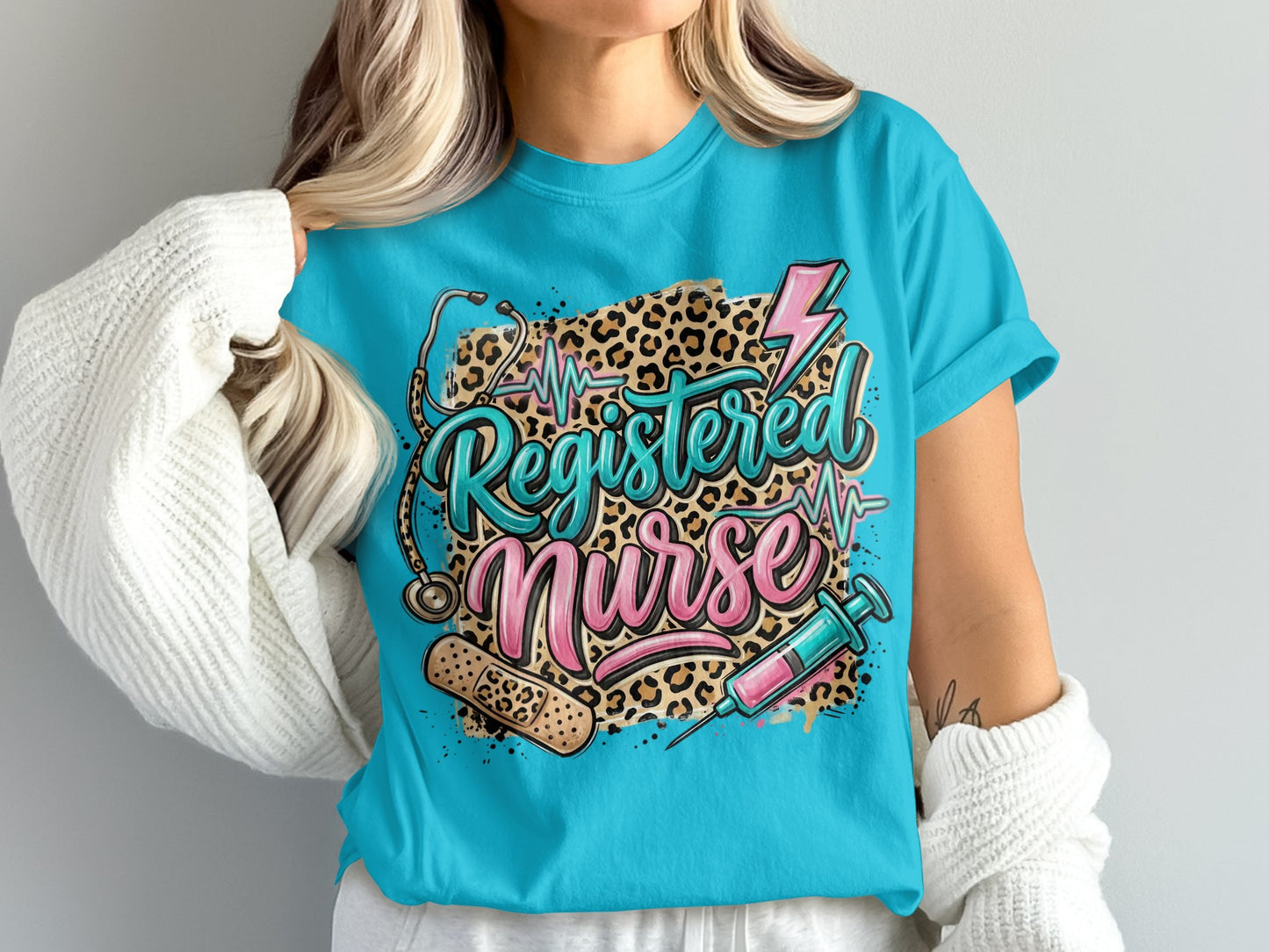 Registered Nurse graphic with stethoscope, syringe, bandage, and leopard print.