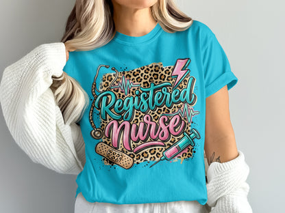 Registered Nurse graphic with stethoscope, syringe, bandage, and leopard print.