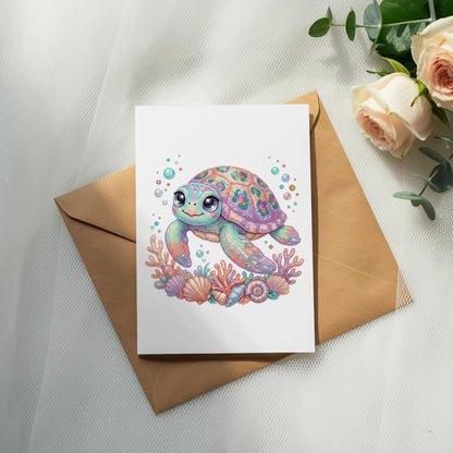 Colorful cartoon sea turtle surrounded by shells and bubbles on a white card.