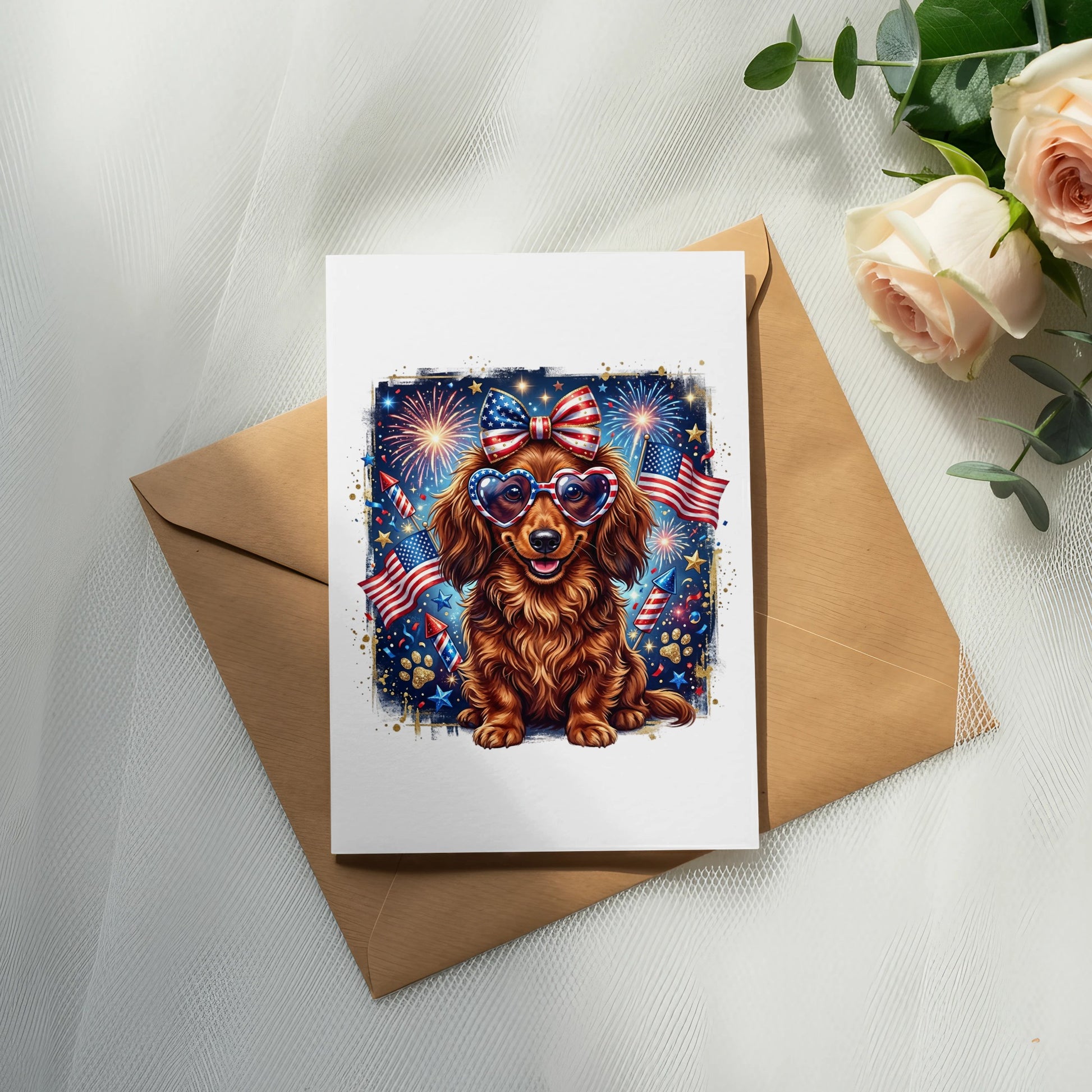 Dachshund wearing heart sunglasses and patriotic bow tie, with fireworks and flags.