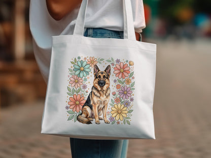 White tote bag with German Shepherd and floral illustration.