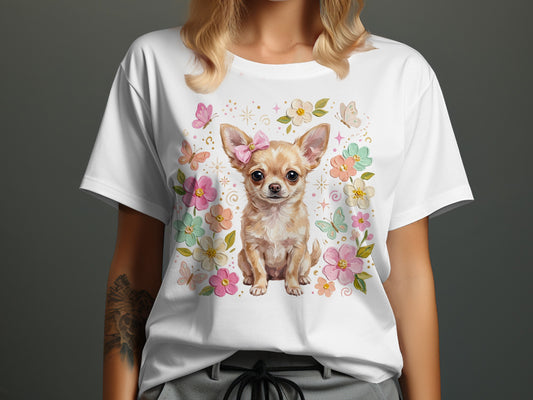 Chihuahua wearing a pink bow surrounded by flowers and butterflies.