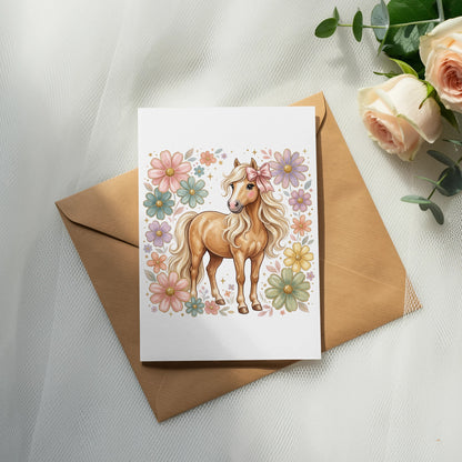 Card with cartoon pony surrounded by pastel flowers and a bow.