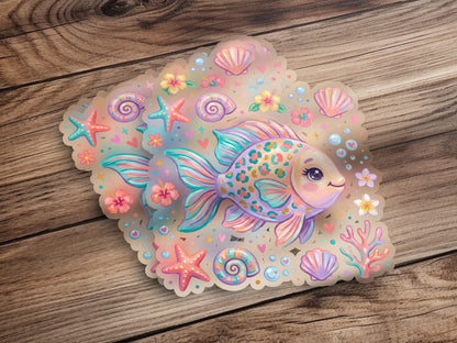Iridescent cartoon fish surrounded by seashells, starfish, and flowers on a wooden background.
