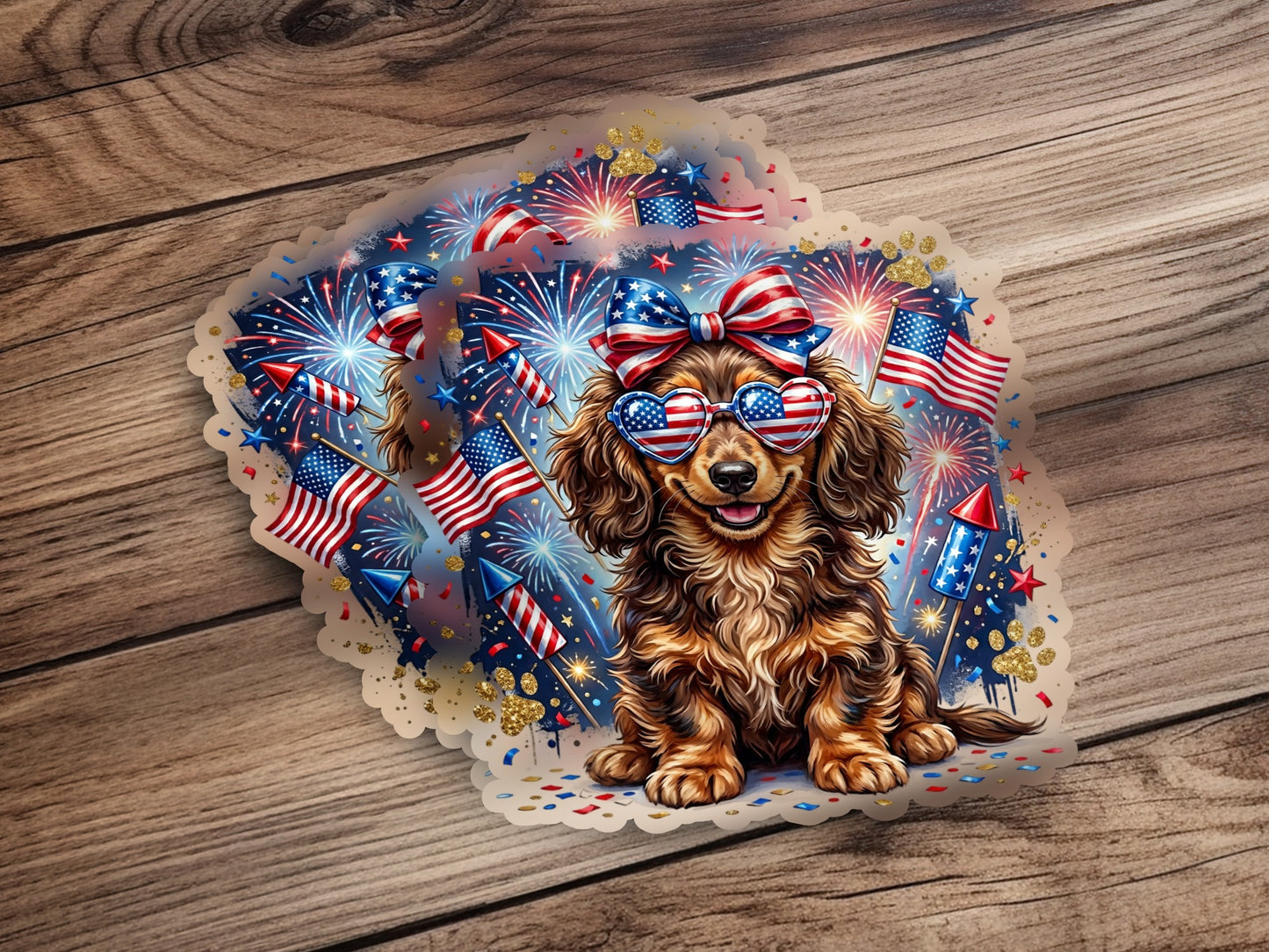 Dachshund wearing sunglasses and a bow, with fireworks and flags.