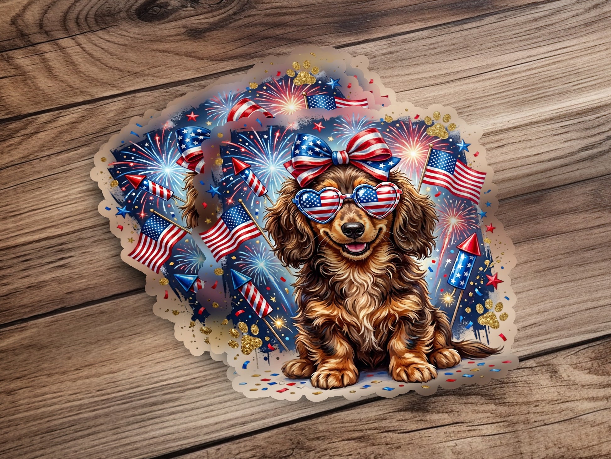 Dachshund wearing sunglasses and a bow, with fireworks and flags.
