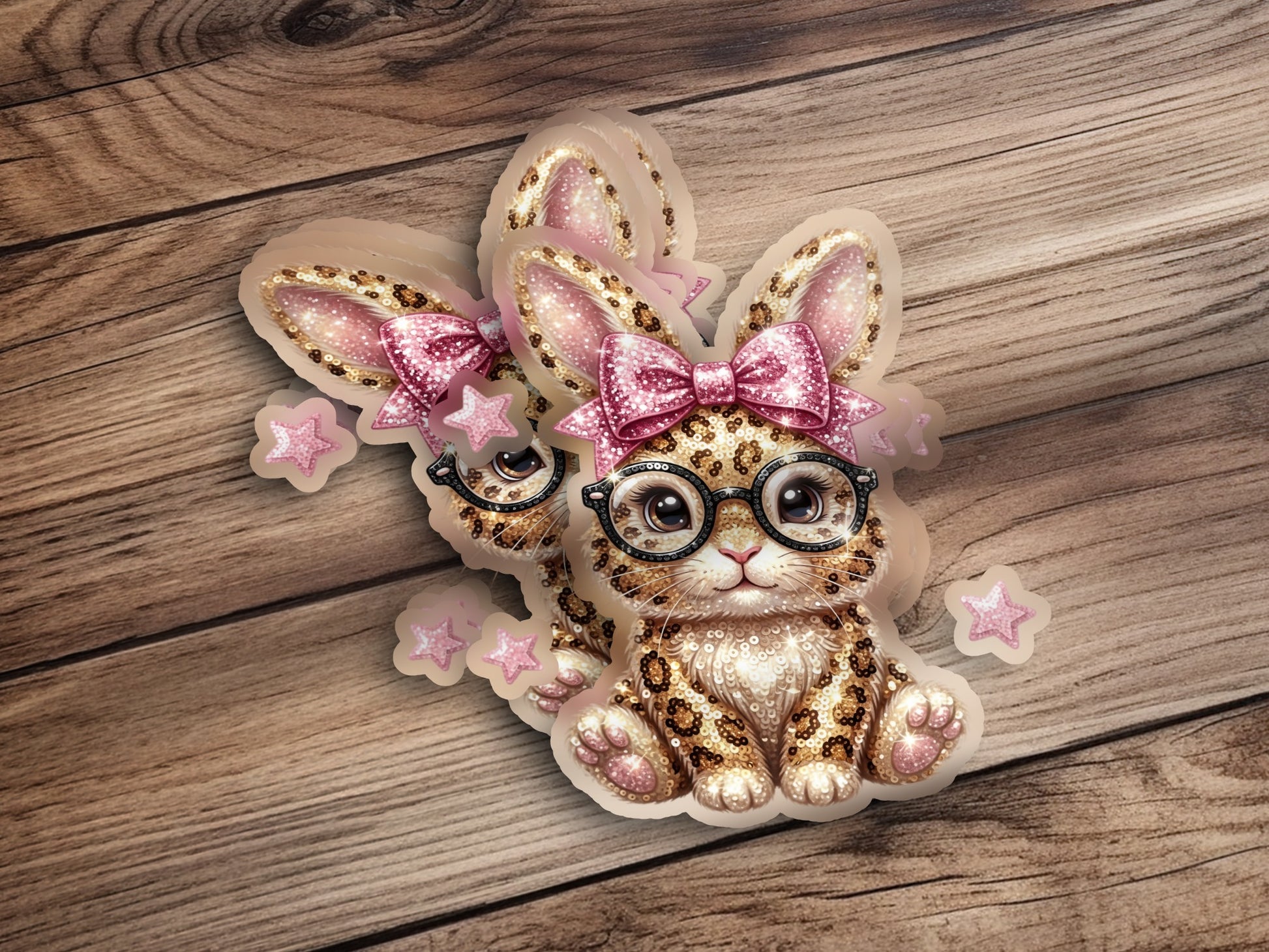Cute leopard print bunny sticker with glasses and pink bow.