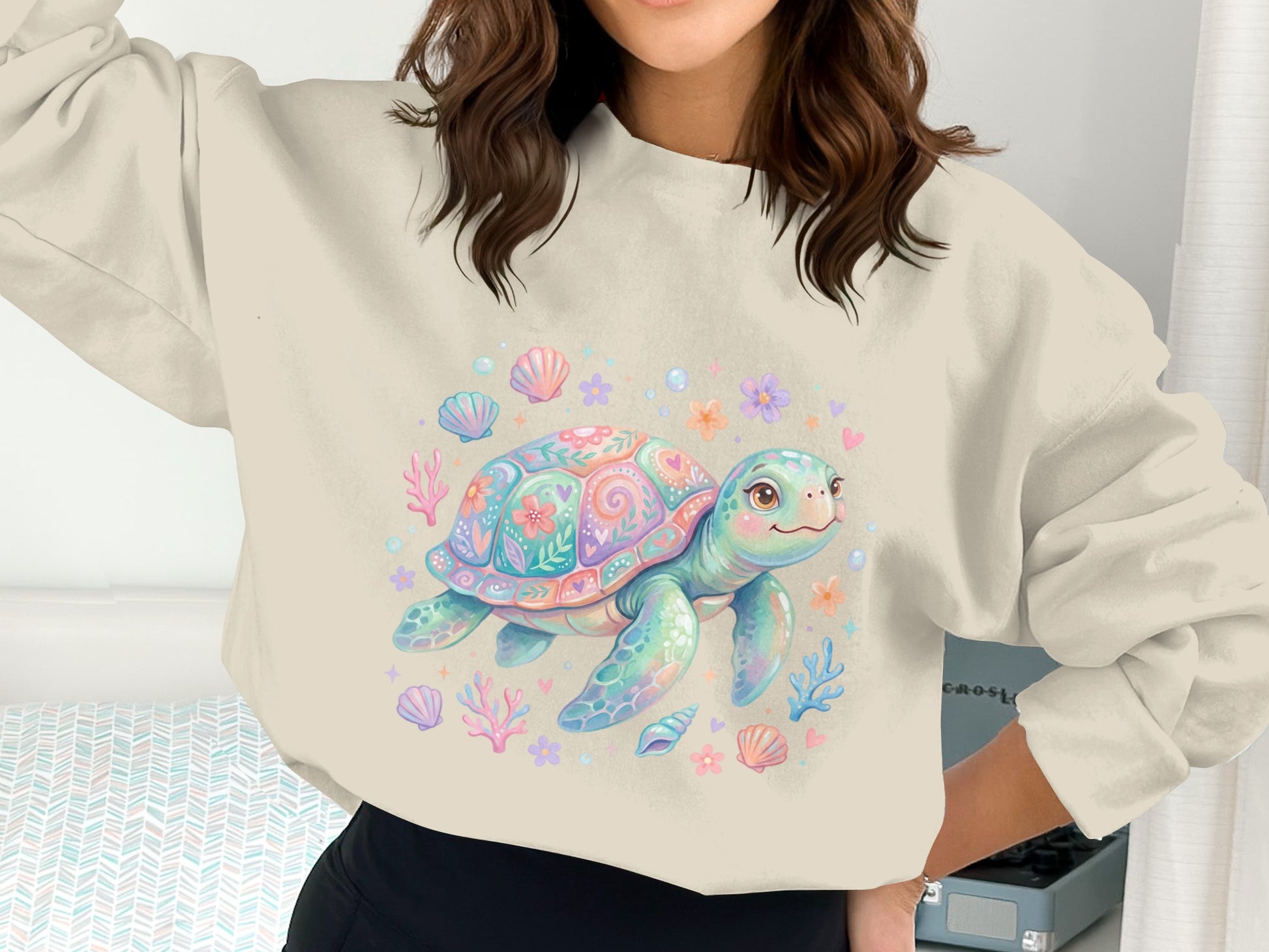 Watercolor illustration of a whimsical sea turtle surrounded by colorful shells and flowers.