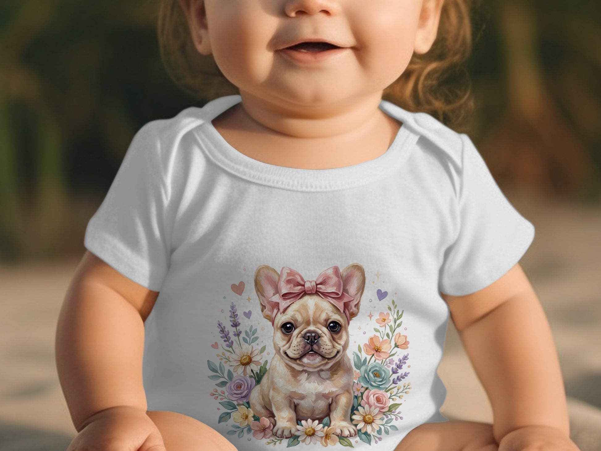 Baby wearing white onesie with French bulldog and floral graphic.