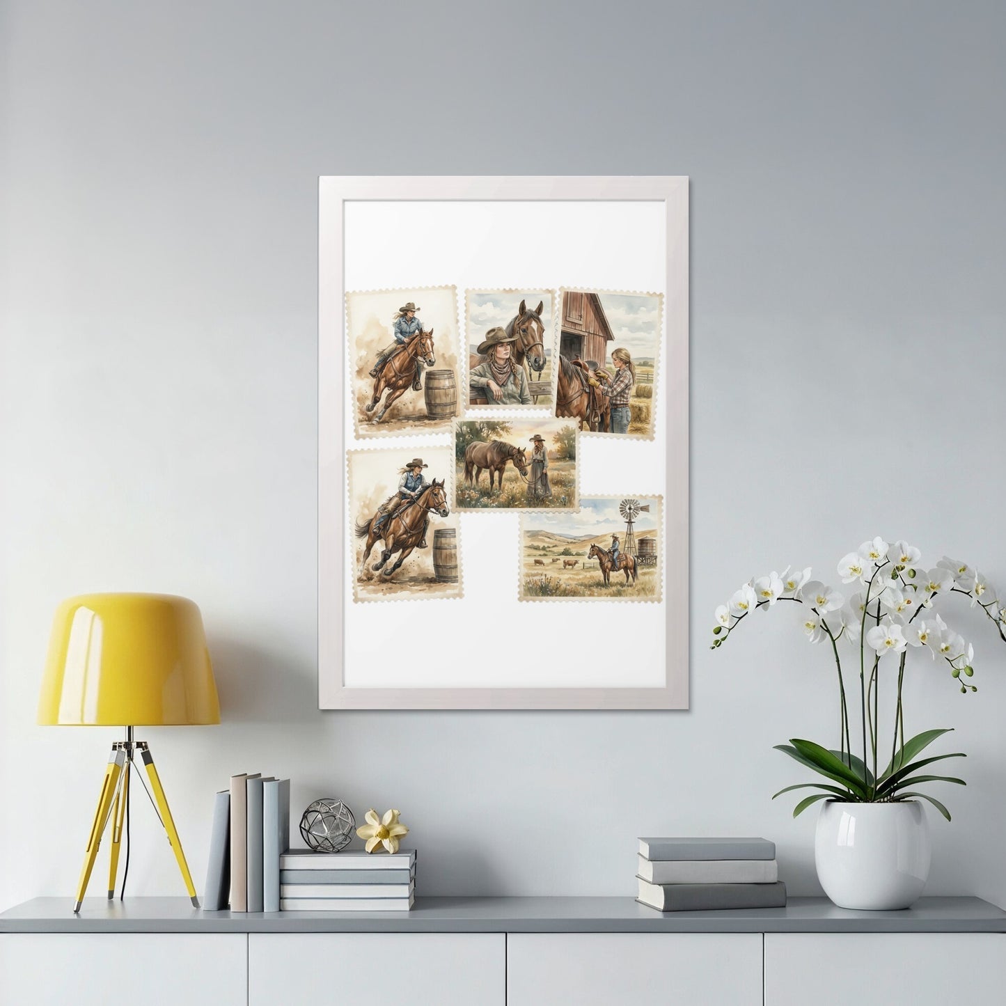 Framed collection of five vintage postage stamps depicting cowboys and horses.