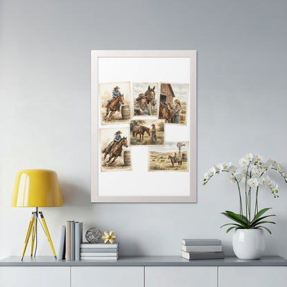 Framed collection of five vintage postage stamps depicting cowboys and horses.