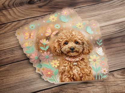 Poodle with floral collar surrounded by butterflies and flowers.