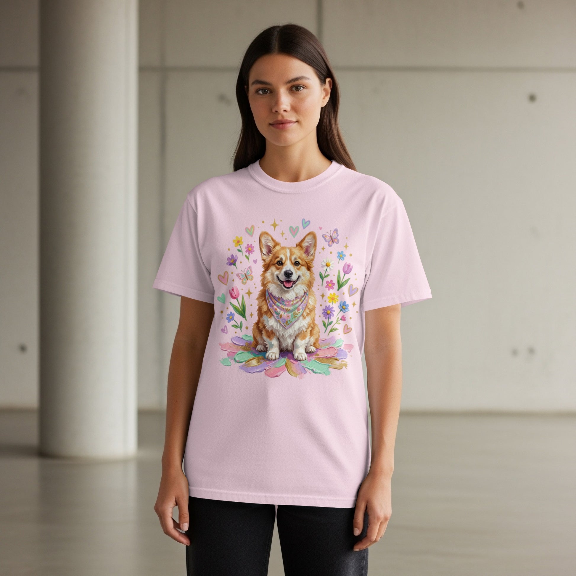 Pink t-shirt with corgi dog wearing bandana, surrounded by flowers and butterflies.