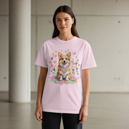 Pink t-shirt with corgi dog wearing bandana, surrounded by flowers and butterflies.