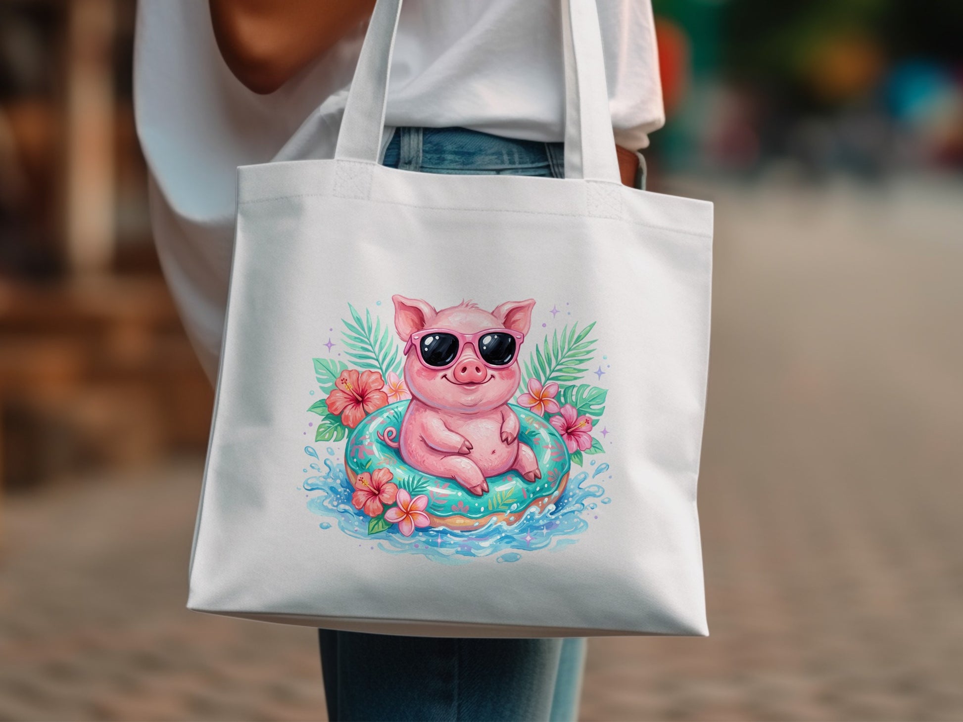 Cartoon pig in sunglasses floats on a life preserver surrounded by flowers.