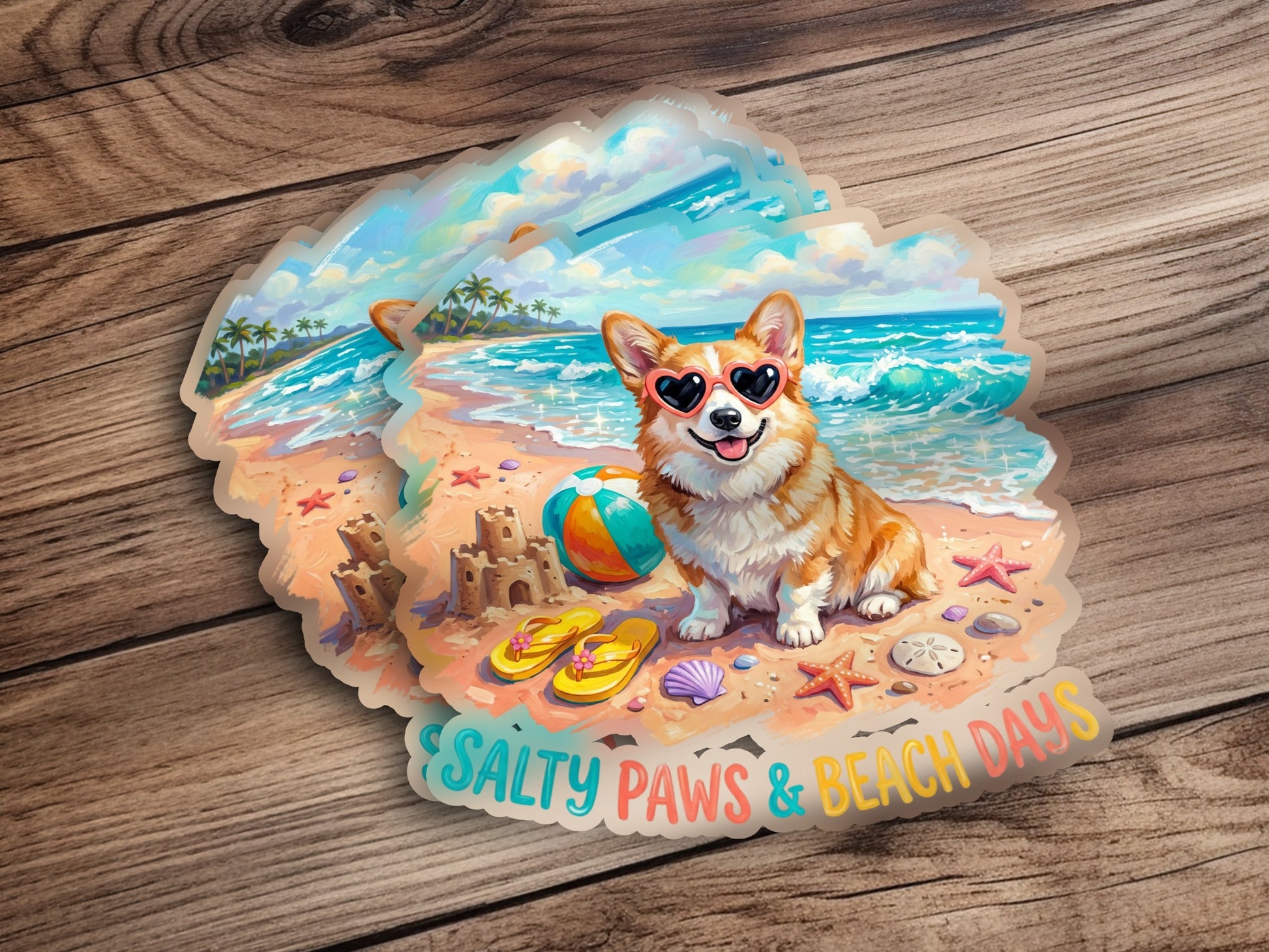 Corgi with sunglasses on beach next to sandcastle and beach ball.