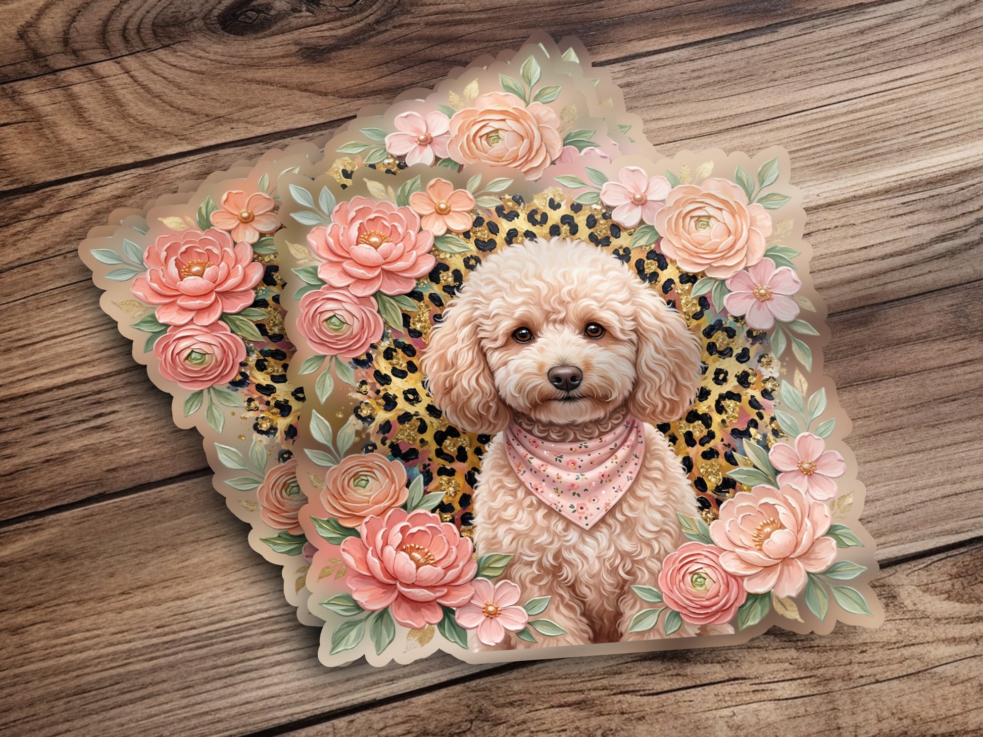 Poodle with bandana surrounded by floral accents on a leopard print background.