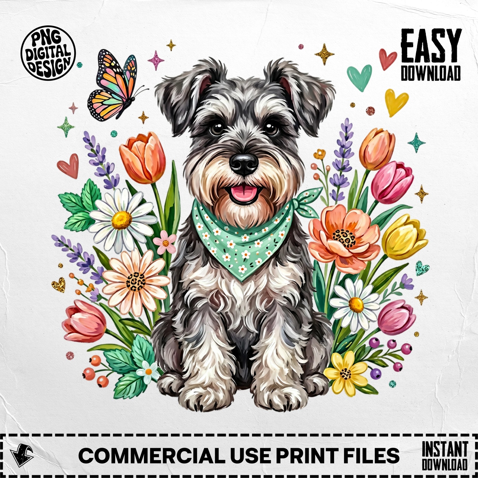 Miniature schnauzer with bandana surrounded by flowers and butterflies.