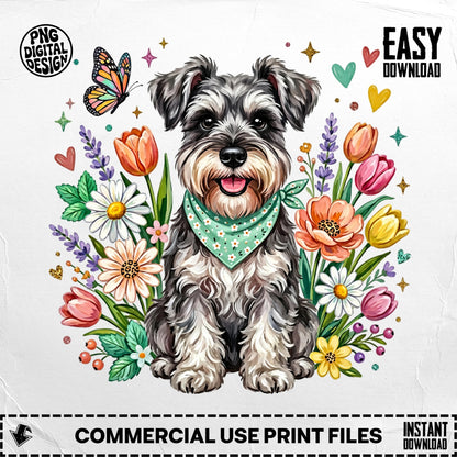 Miniature schnauzer with bandana surrounded by flowers and butterflies.