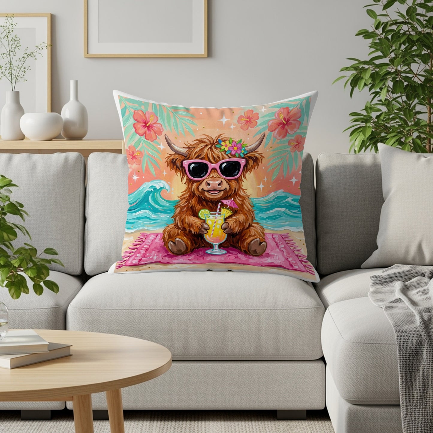 Fluffy Highland cow in sunglasses holds a tropical drink on a beach blanket.