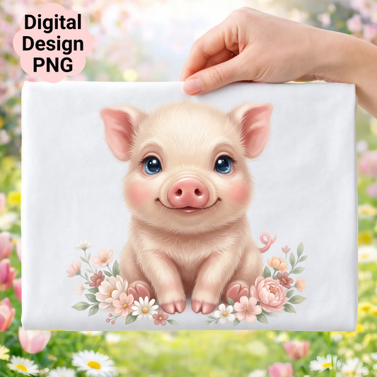 Cute piglet with pink flowers digital design PNG.