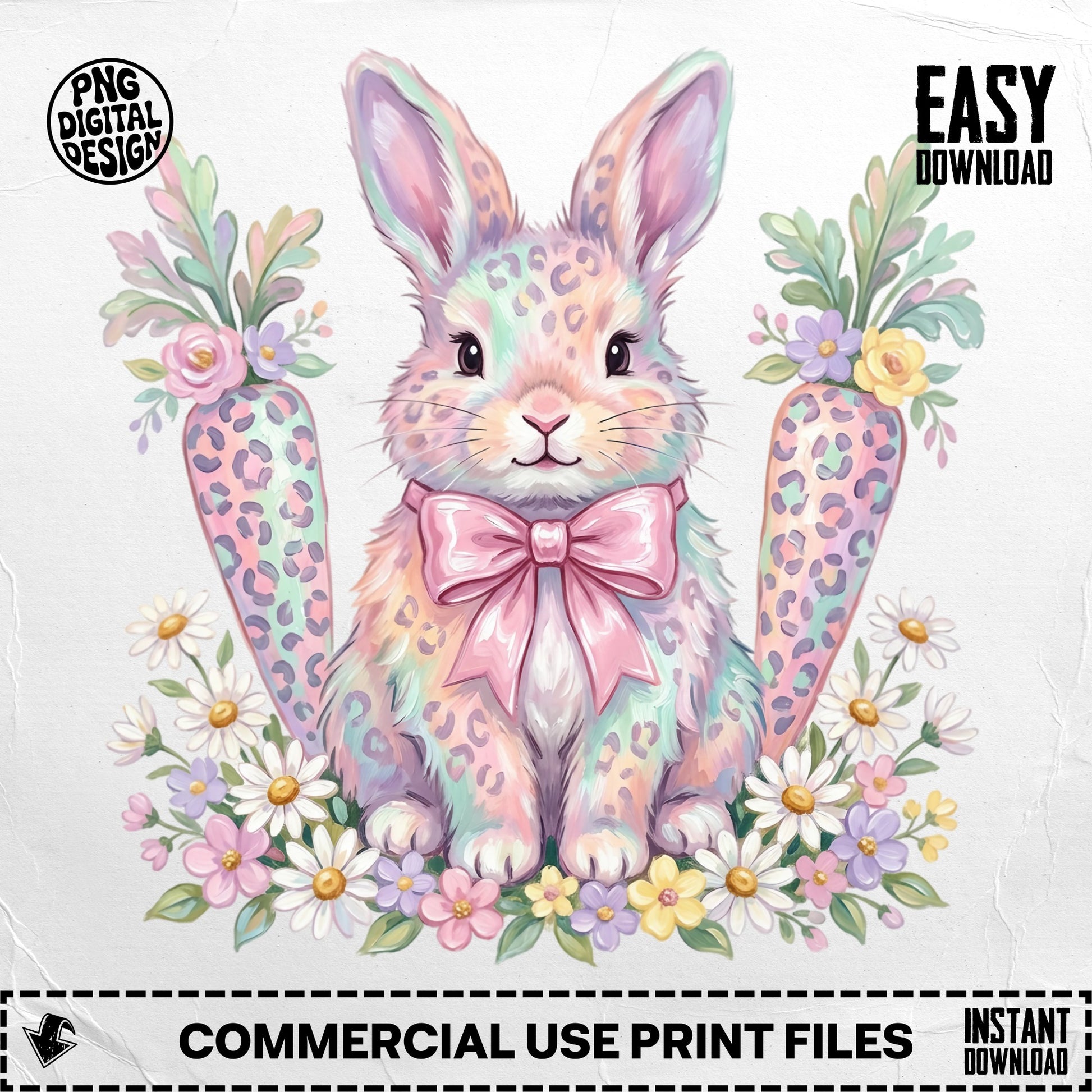 Easter bunny with pastel carrots, daisies, and pink bow.