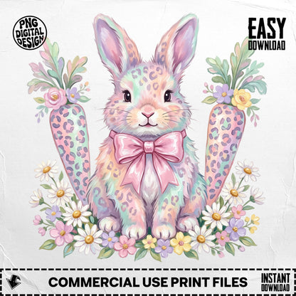 Easter bunny with pastel carrots, daisies, and pink bow.
