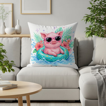 Pink pig wearing sunglasses floats in a pool on a teal tube.