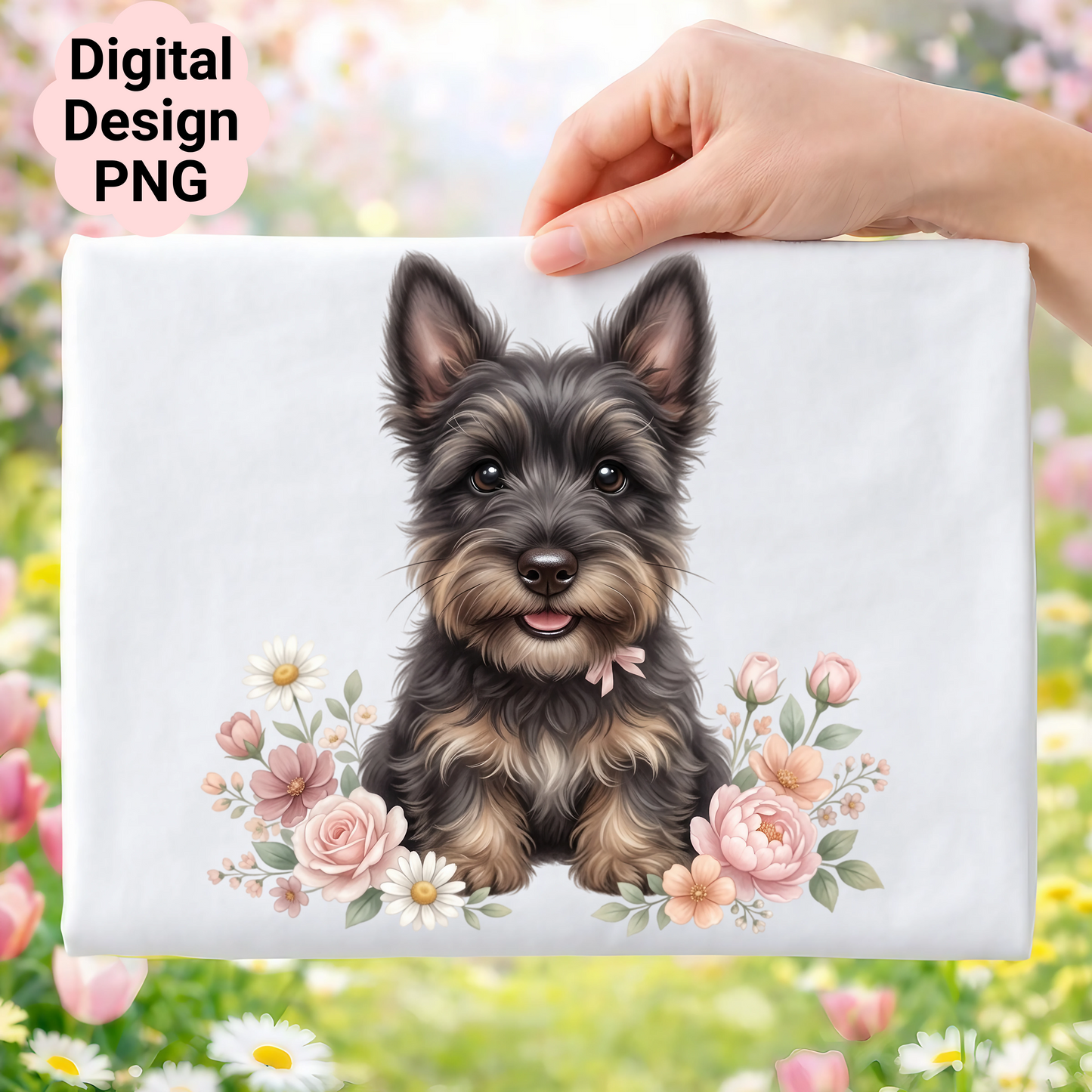 Australian terrier puppy with pink ribbon surrounded by flowers.
