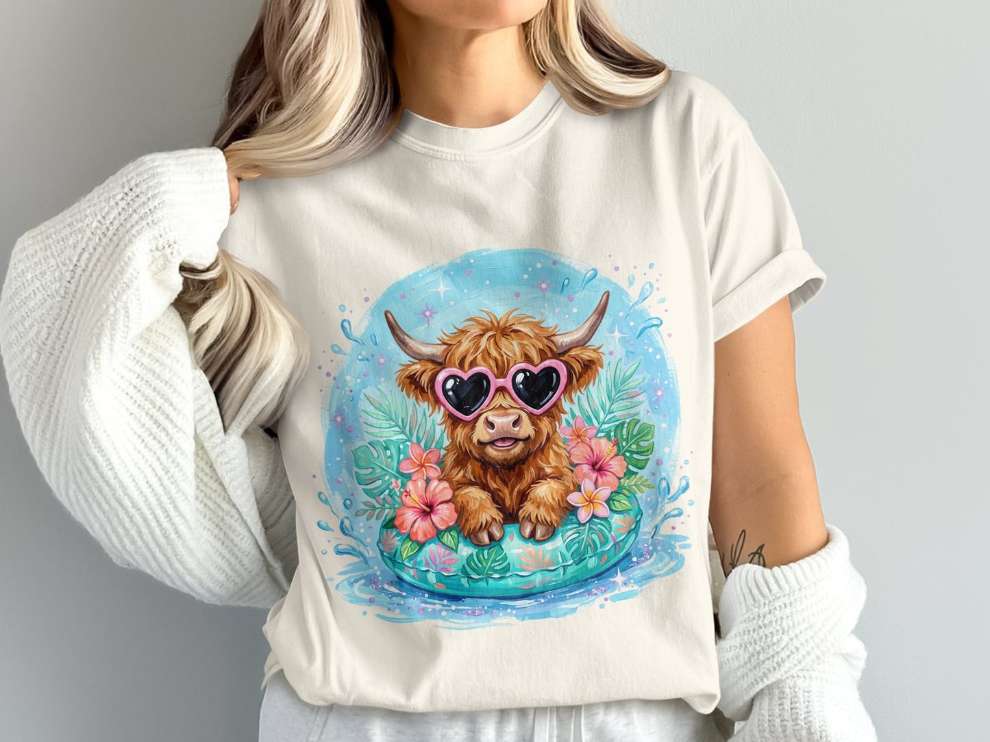 Highland cow wearing heart sunglasses in a pool float.