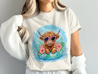 Highland cow wearing heart sunglasses in a pool float.