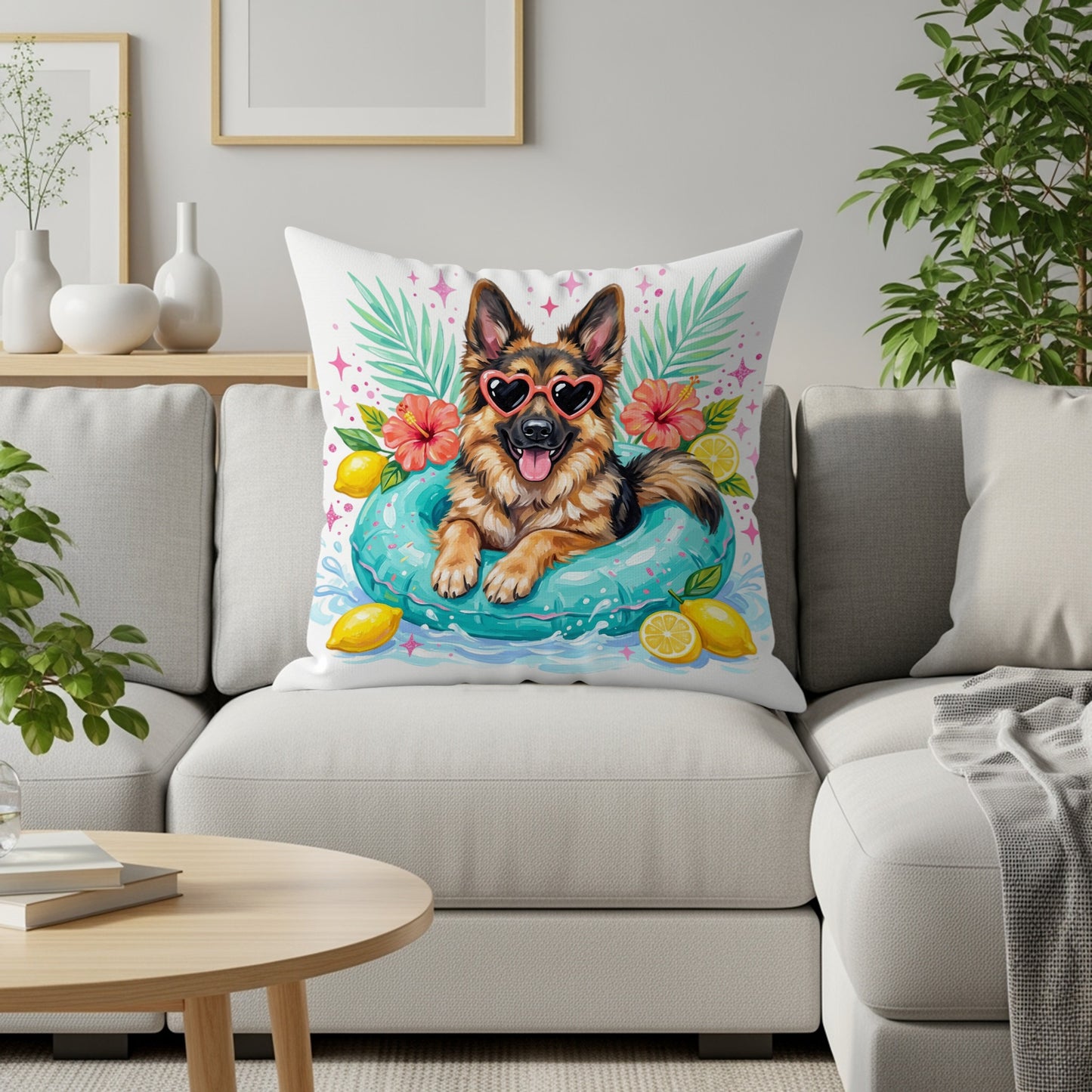 German Shepherd wearing heart sunglasses in an inflatable ring with lemons and flowers.