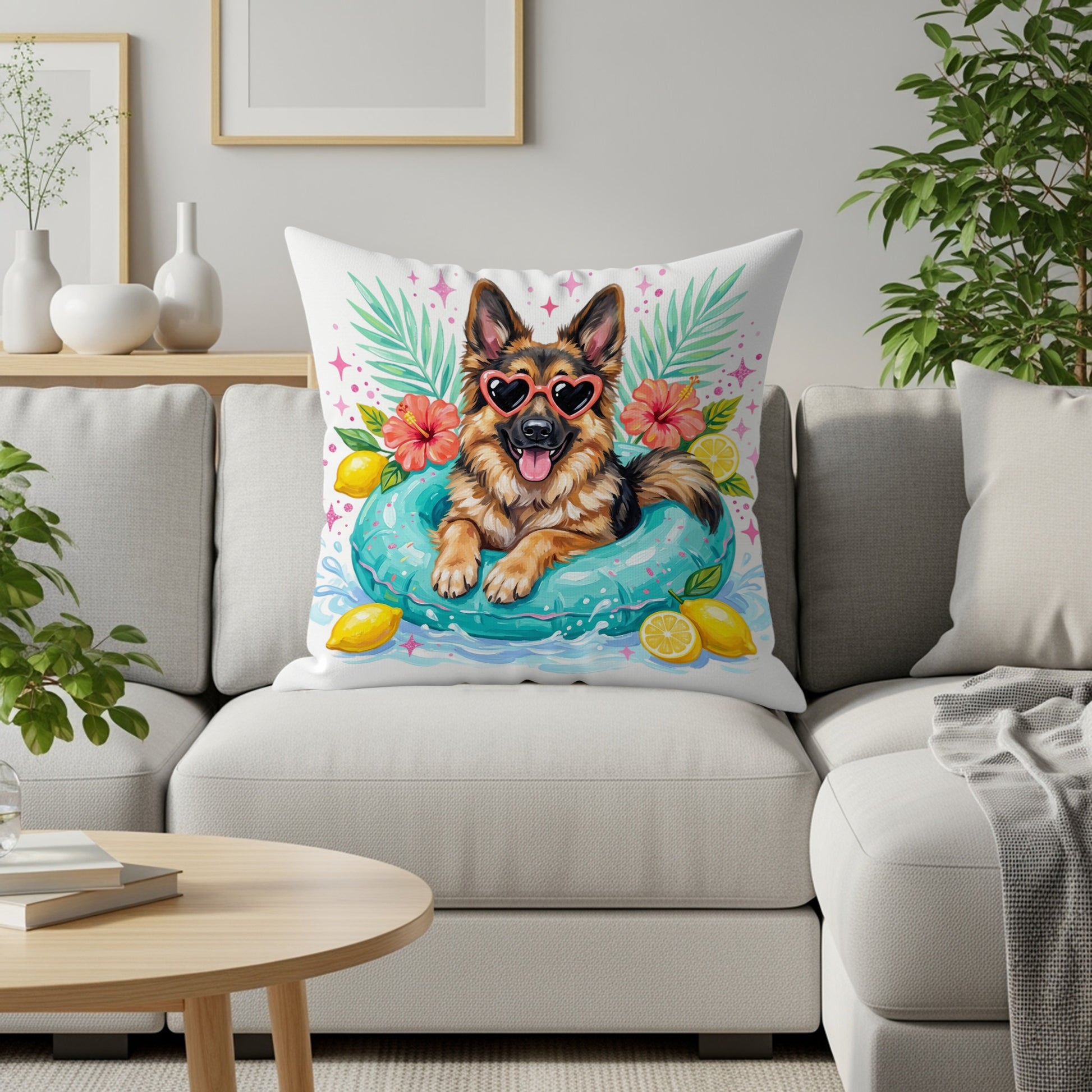 German Shepherd wearing heart sunglasses in an inflatable ring with lemons and flowers.