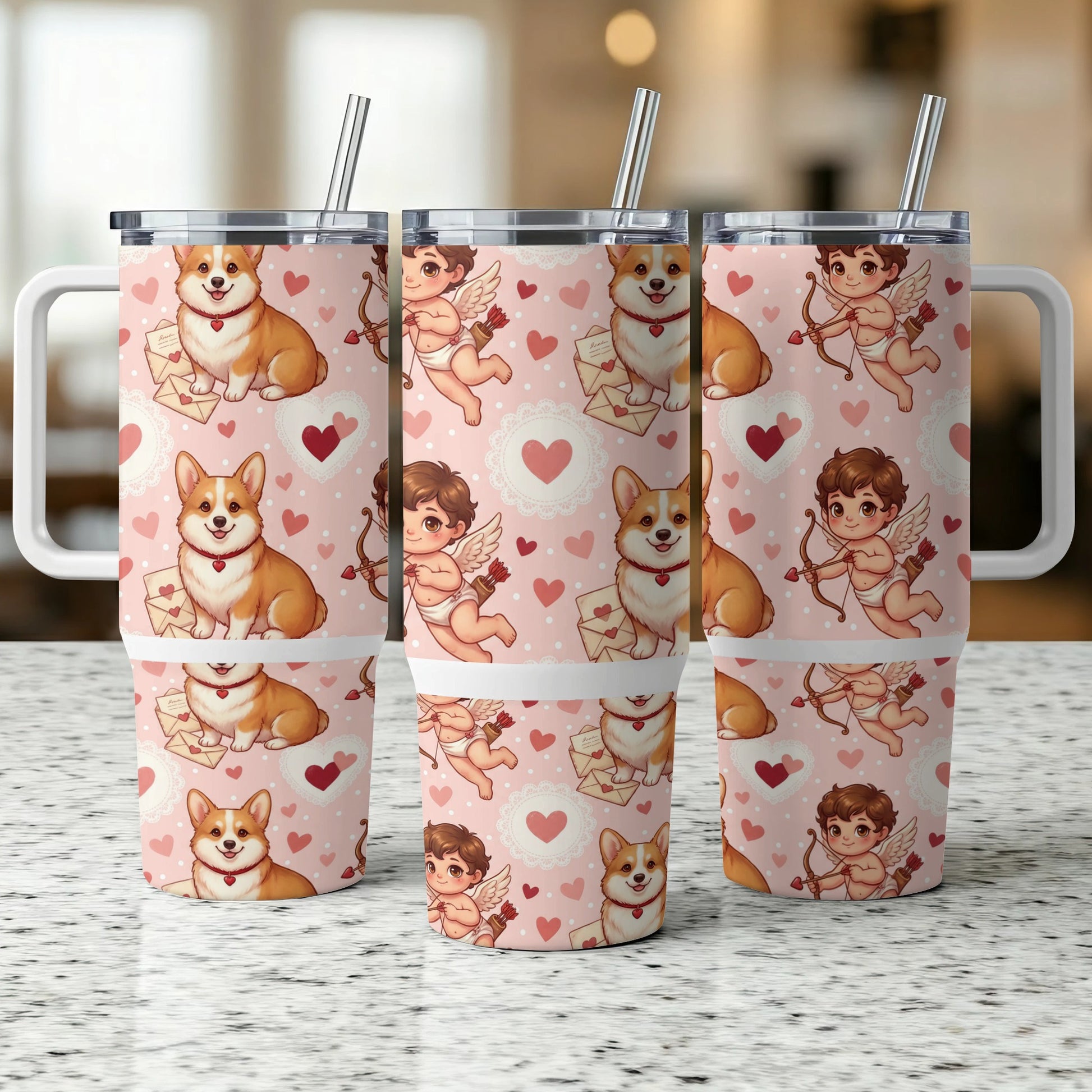Three tumblers with a repeating pattern of corgis, cupids, and hearts.