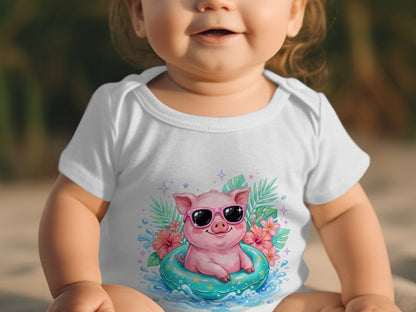 Baby wearing a white bodysuit with a smiling pig in sunglasses on an inflatable ring.