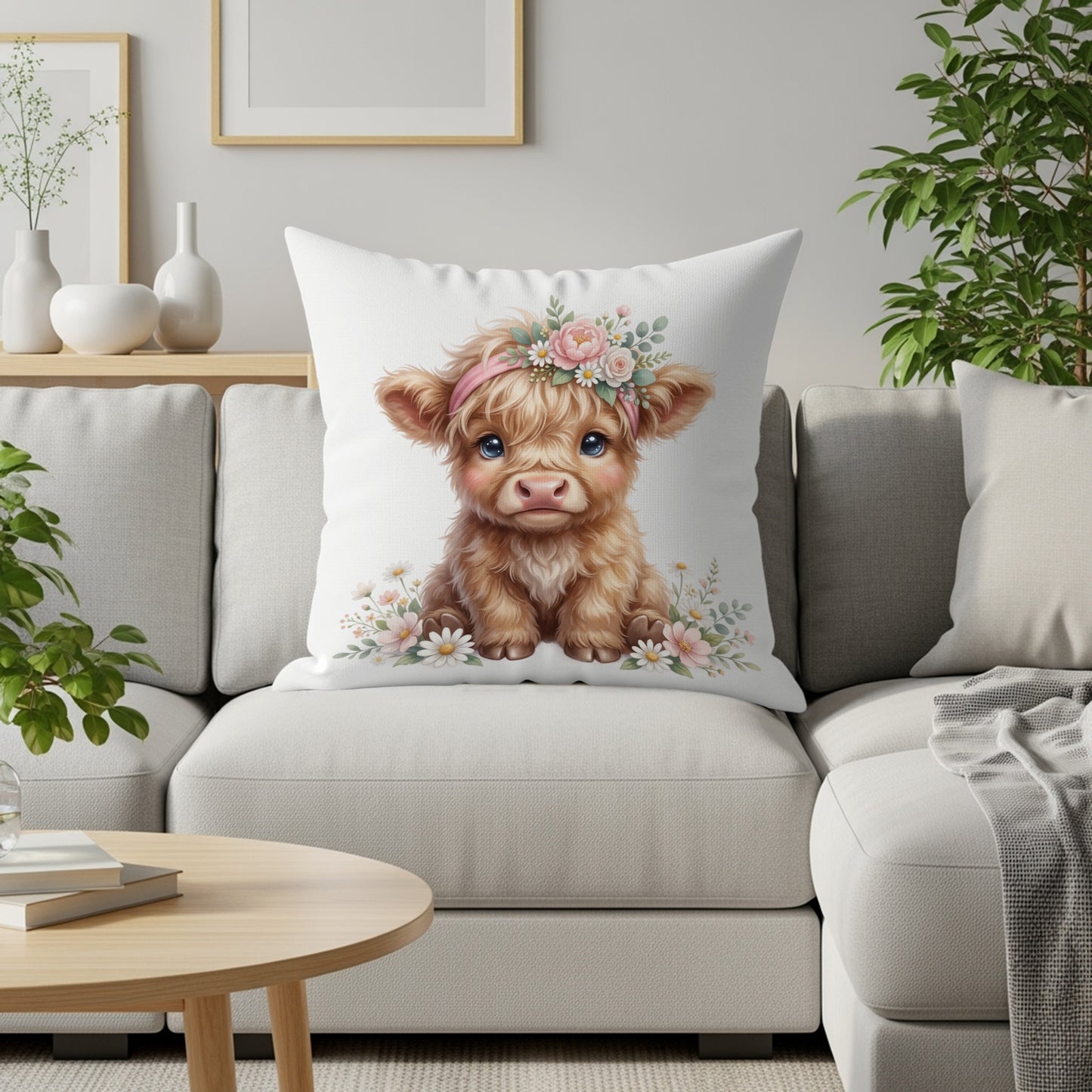 Fluffy Highland calf with floral crown sits on a white couch pillow.