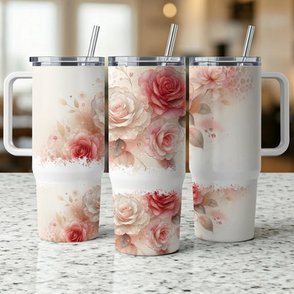 Three tumblers with rose floral design and stainless steel lids.