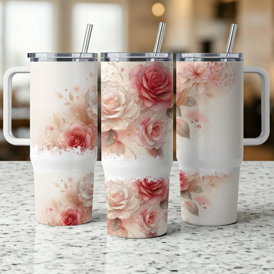Three tumblers with rose floral design and stainless steel lids.