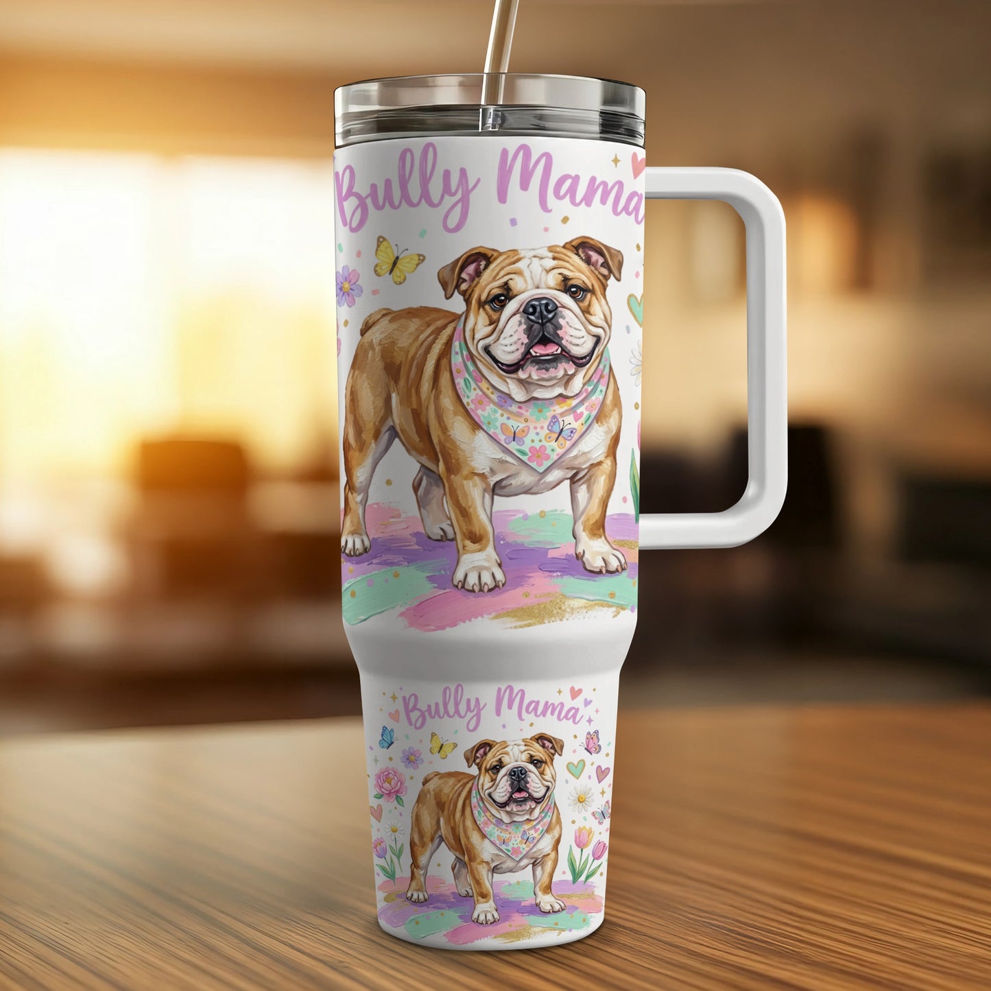 Bully Mama tumbler with English Bulldog and colorful abstract background.