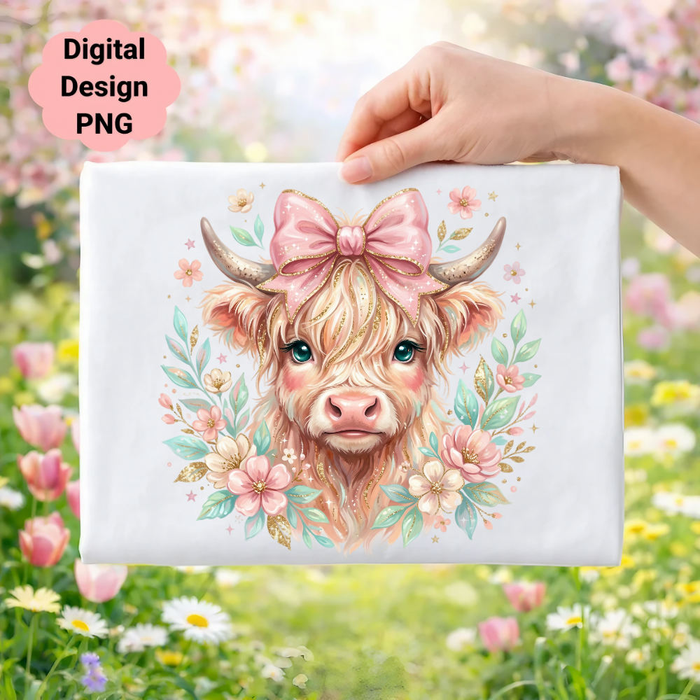 Highland cow with pink bow and floral accents on white background.