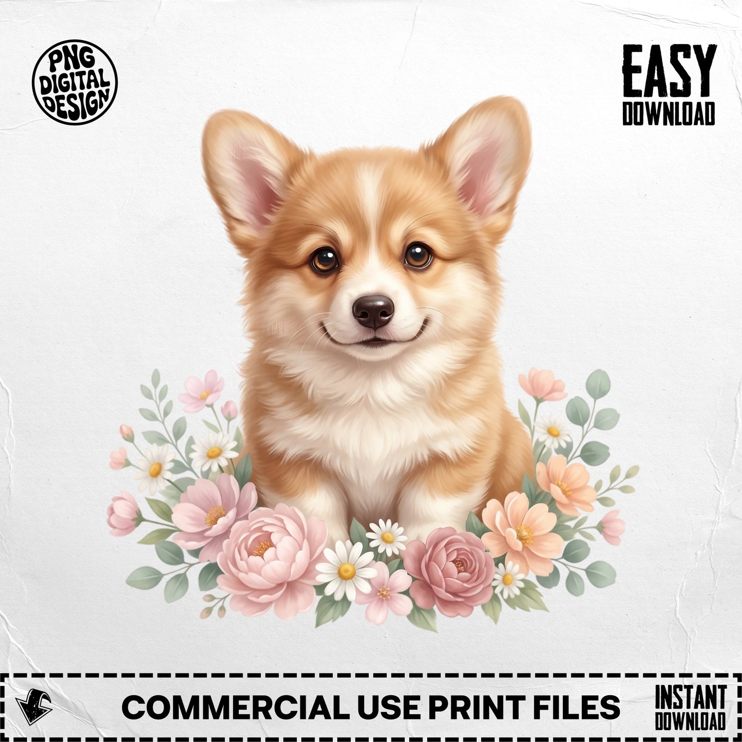 Corgi puppy surrounded by flowers with "Easy Download" and "Commercial Use Print Files" text.