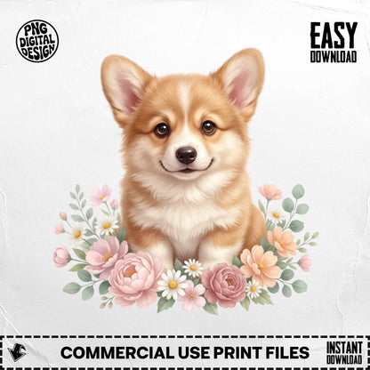 Corgi puppy surrounded by flowers with "Easy Download" and "Commercial Use Print Files" text.