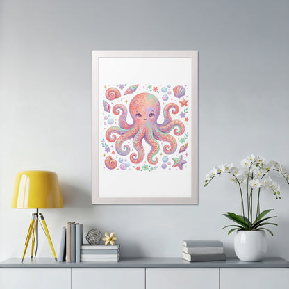 Whimsical pastel octopus surrounded by seashells, starfish, and bubbles in a white frame.